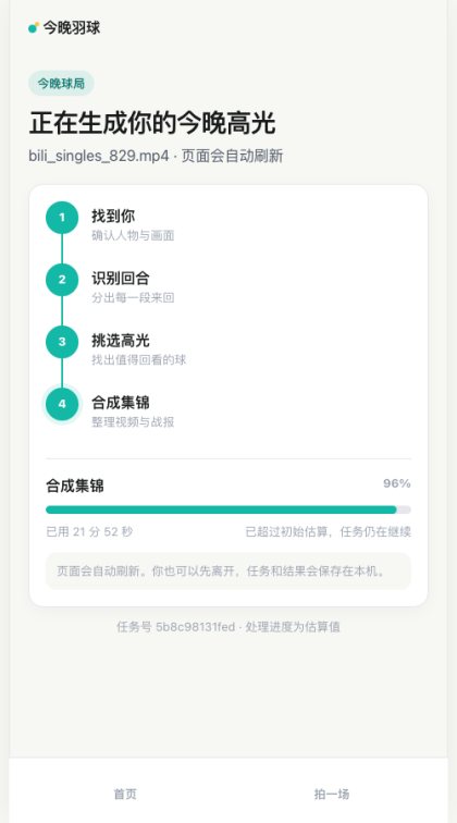 处理中页面：四步进度，合成集锦 96%，已用 21 分 52 秒