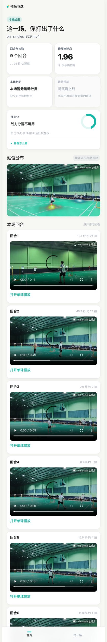 战报页真实截图：9 个回合共 95 拍，最高击球点 1.96 米，跑动无数据，战力分暂不可用，站位分布热力图，本场回合列表